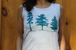 Nature Women's Shirt, Pine Tree, Forest, Woodland, Yoga Shirt, Sleeveless Shirt, Hiking Shirt, Cap Sleeves, Light Blue Shirt