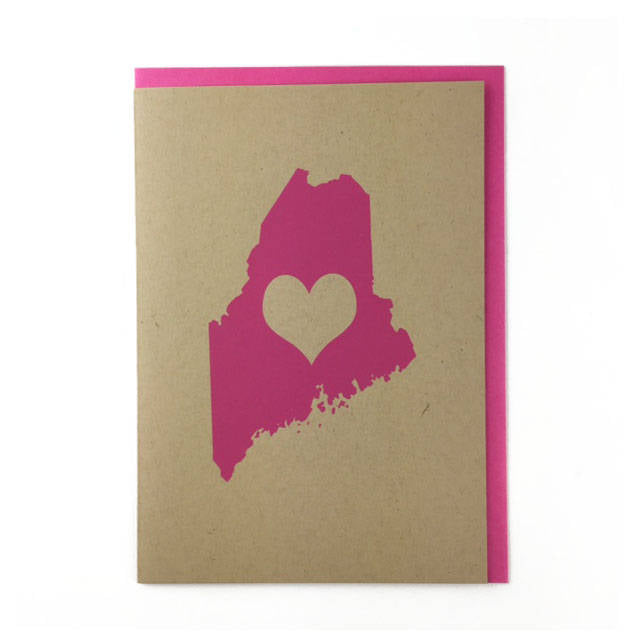 Maine, Love, Blank Card, Colored Envelope, Silkscreened, Handprinted, Recycled Paper, Kraft Paper, Compostable Plastic, Birthday Card