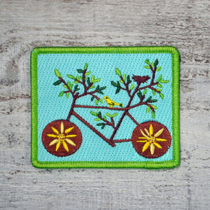Embroidered Iron On Patch Bike Tree with Bird and Nest