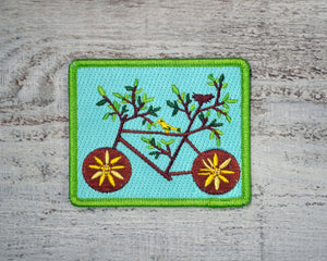 Embroidered Iron On Patch Bike Tree with Bird and Nest