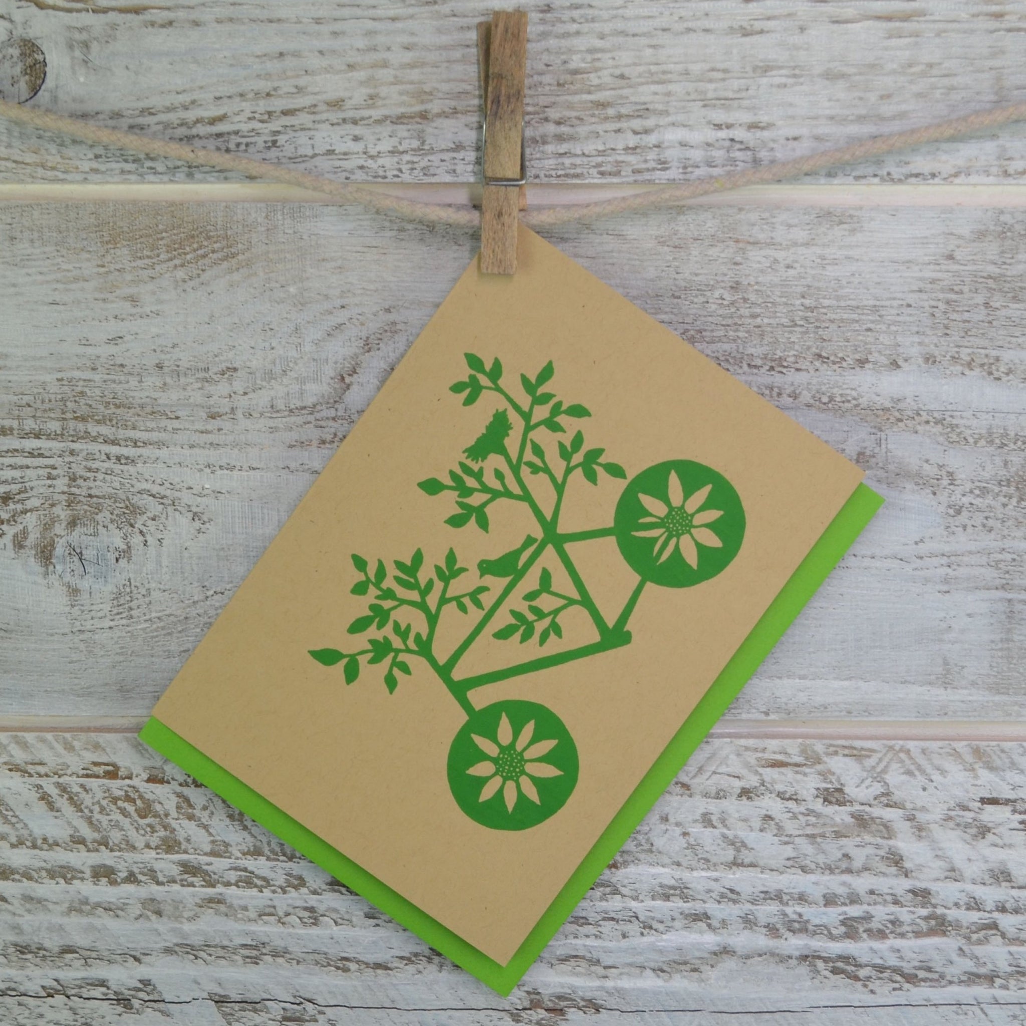 Nature Lover, Bike, Blank Card, Recycled Paper, Compostable Plastic, Eco Friendly, Green, Birthday Card, Kraft Paper, Envelope, Bird