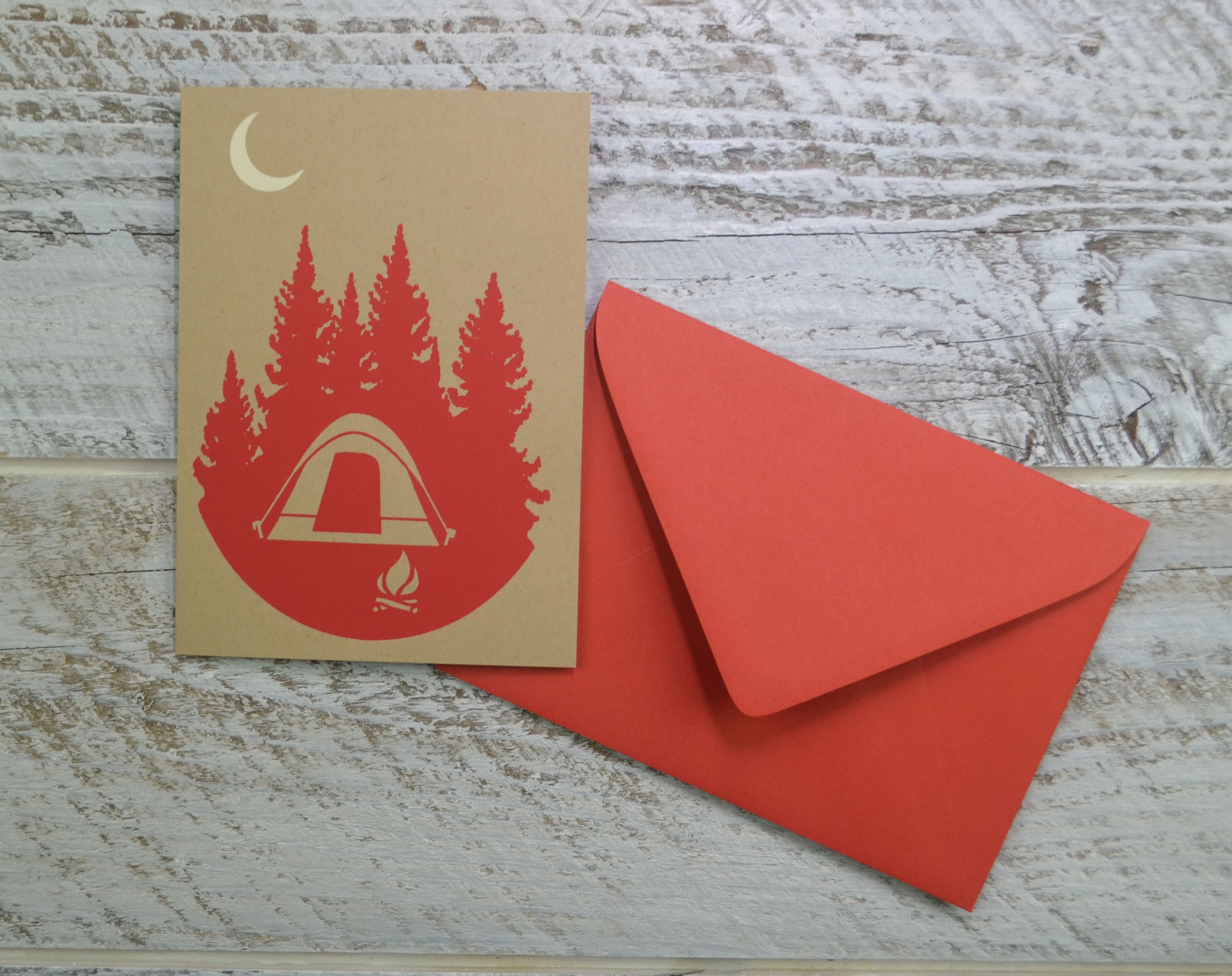 Camping, Hiking, Blank Card, Recycled Paper, Compostable Plastic, Eco Friendly, Red, Birthday Card, Kraft Paper, Envelope