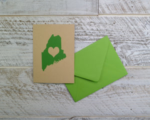 Maine, Love, Blank Card, Colored Envelope, Silkscreened, Handprinted, Recycled Paper, Kraft Paper, Compostable Plastic, Birthday Card