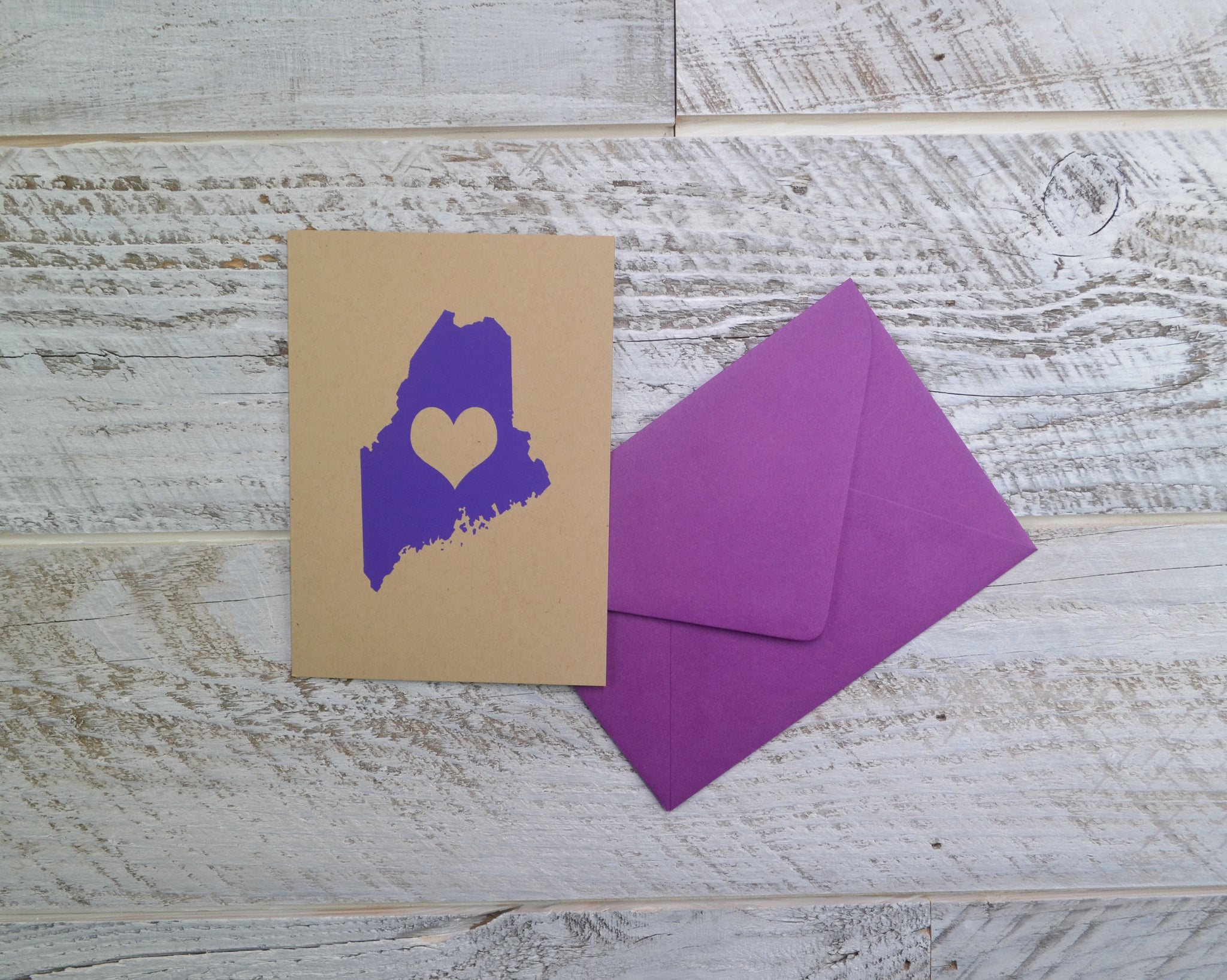 Maine, Love, Blank Card, Colored Envelope, Silkscreened, Handprinted, Recycled Paper, Kraft Paper, Compostable Plastic, Birthday Card