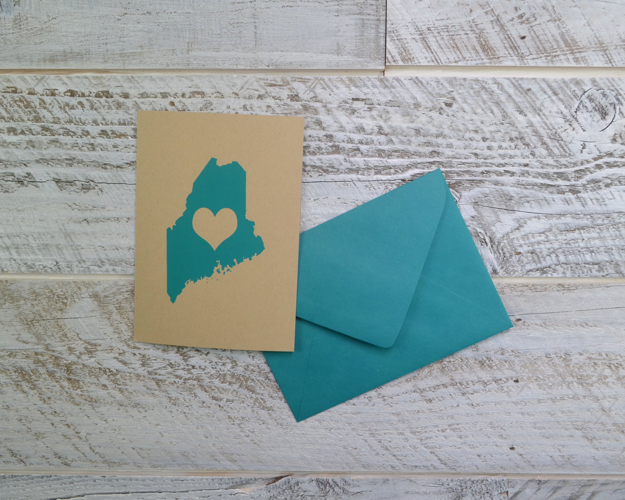 Maine, Love, Blank Card, Colored Envelope, Silkscreened, Handprinted, Recycled Paper, Kraft Paper, Compostable Plastic, Birthday Card