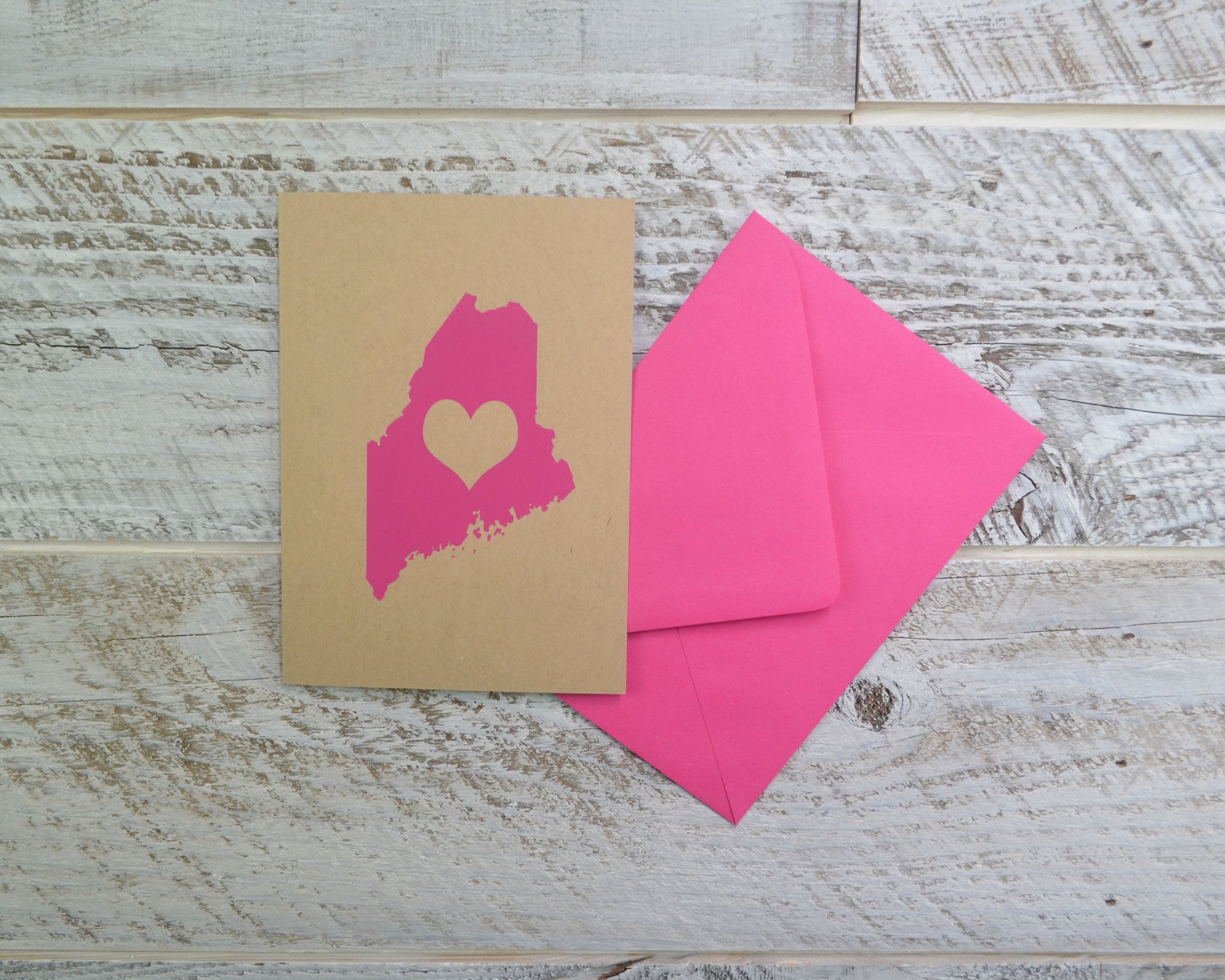 Maine, Love, Blank Card, Colored Envelope, Silkscreened, Handprinted, Recycled Paper, Kraft Paper, Compostable Plastic, Birthday Card