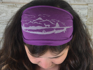 Feather, Headband, Purple, Yoga Band, Hiking Band, Wide Band, Jersey Cotton, Hiker Gift, Nature Lover, Woodland, Mountains, Deer, Forest