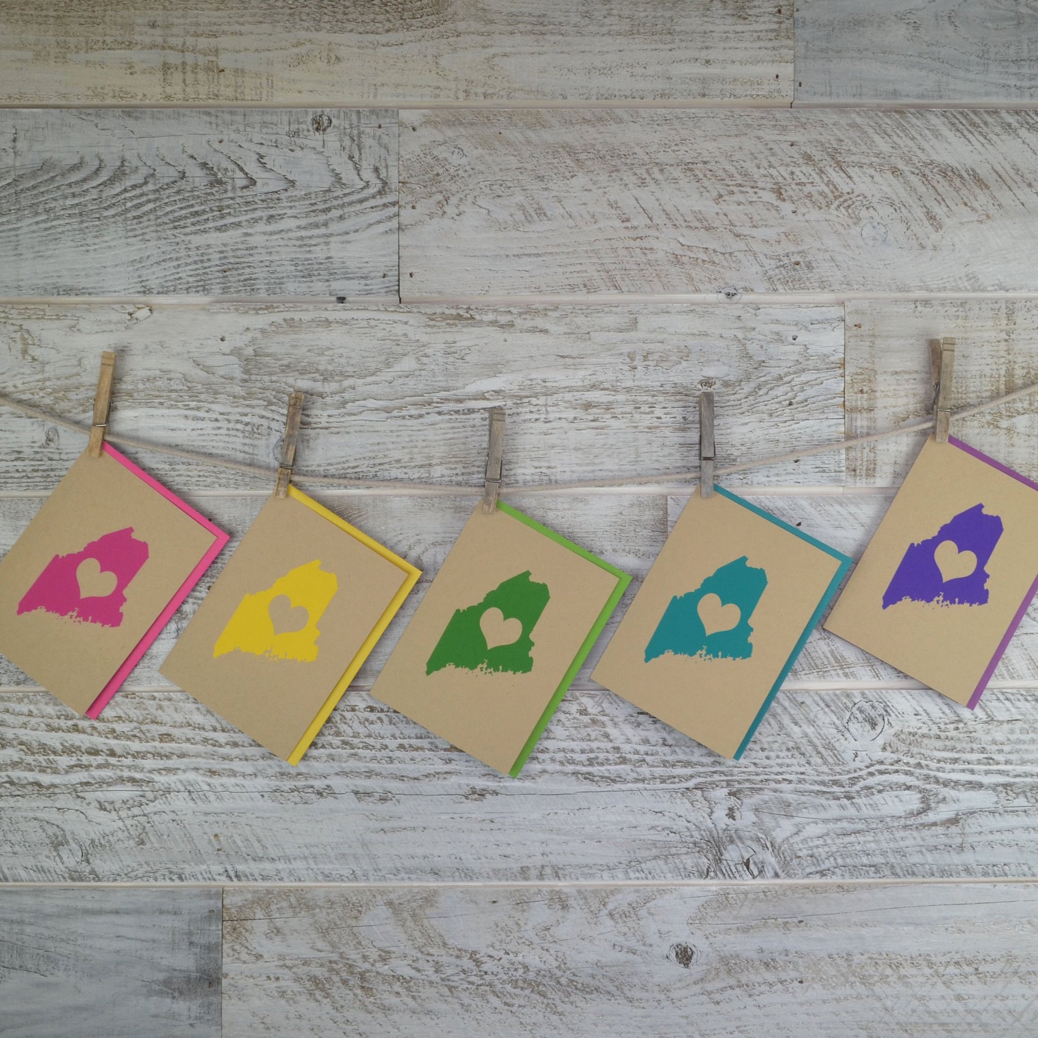 Maine, Love, Blank Card, Colored Envelope, Silkscreened, Handprinted, Recycled Paper, Kraft Paper, Compostable Plastic, Birthday Card