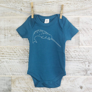 Narwhal, Short Sleeve, Organic Cotton, Blue, Ocean Theme, Organic One Piece, New Mom, Baby Shower, Body Suit, Boy or Girl, Whale Lover