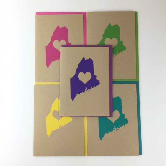 Maine, Love, Blank Card, Colored Envelope, Silkscreened, Handprinted, Recycled Paper, Kraft Paper, Compostable Plastic, Birthday Card