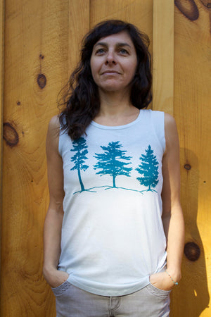 Nature Women's Shirt, Pine Tree, Forest, Woodland, Yoga Shirt, Sleeveless Shirt, Hiking Shirt, Cap Sleeves, Light Blue Shirt
