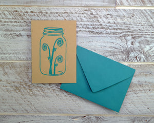 Fiddlehead, Mason Jar, Blank Card, Recycled Paper, Compostable Plastic, Eco Friendly, Birthday Card, Nature Lover