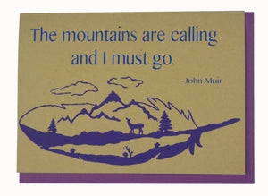 Feather, Nature Lover, Blank Card, Recycled Paper, Hiking, John Muir, Compostable Plastic, Earth Friendly, Mountain Theme, Deer, Handprinted