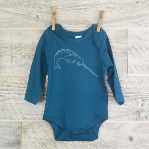 Narwhal, Long Sleeve, Organic Cotton, Blue, Ocean Theme, Organic Baby, New Mom, Baby Shower, Body Suit, Boy or Girl, Whale Lover