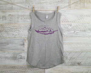 Feather Mountain, Women's Shirt, 100 percent Cotton, Yoga Shirt, Sleeveless Shirt, Hiking Shirt, Cap Sleeves, Heather Grey Shirt